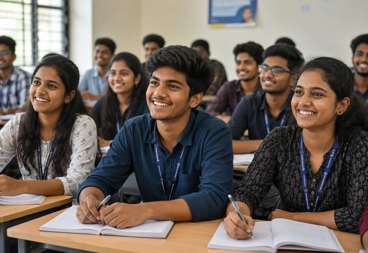 Students smiling and taking notes in an in-person UGEMZ Academy classroom