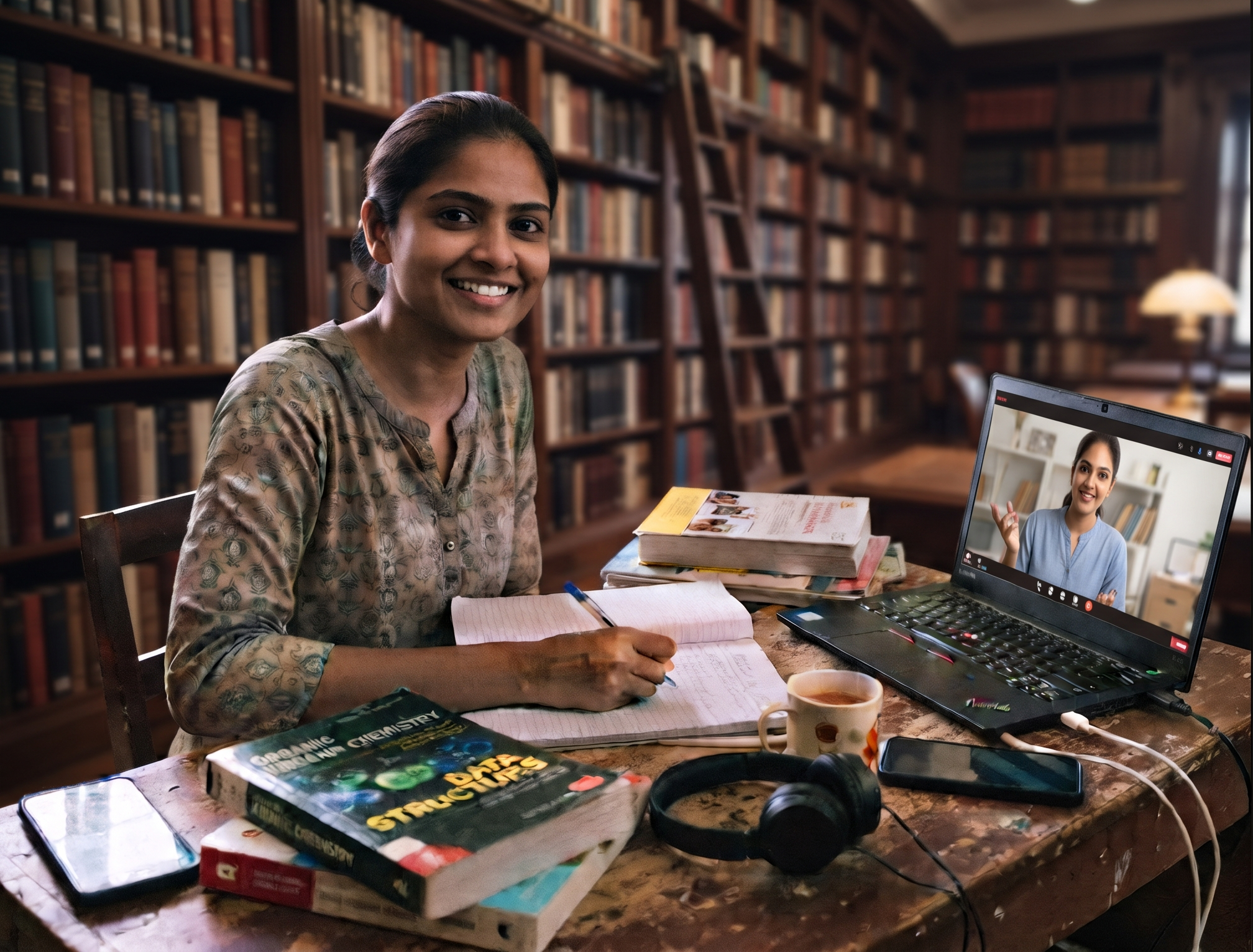 Student attending a live online class from a home study desk